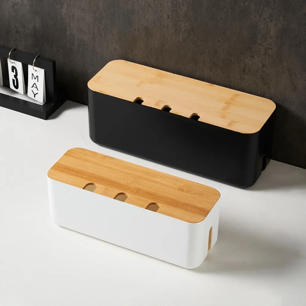 Cable Management Box Bamboo Cover Wire Junction Board Storage Box Hide Wires Power Strips Desk Computer Cable Organizer Box 4