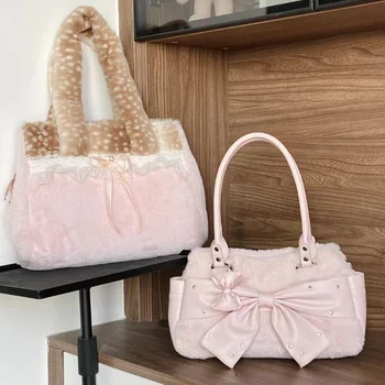 Borsa Utility Dolce e Pratica, Borsa a Tracolla Morbida con Fiocco in Pizzo, Stile Lolita Grande Capacità, Borsa a Spalla Marrone Rosa