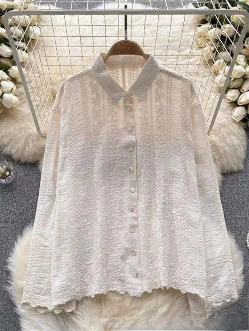 Ele Embroidered Hollow out Lace Patchwork Loose Women's irt Autumn New Sle Age-Defng Faionable Busin Sle