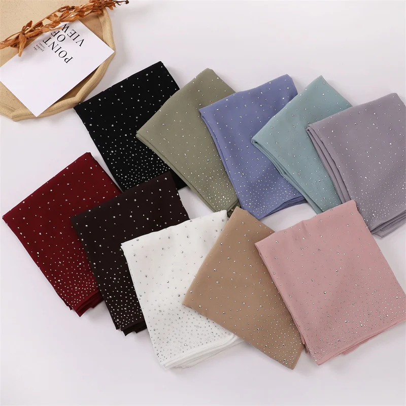Schlichte Strass Diamant Blase Chiffon Hijab Schals hochwertige Bling Bling Wrap Strand Bufandas Ramadan islamische muslimische Schal – Detail 4