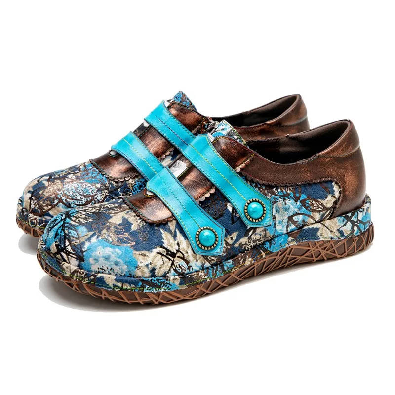 

Women Pumps Chunky Heel printing ZIP Genuine leather 3CM Square heel Manual color wiping Ethnic Retro Women Shoes blue