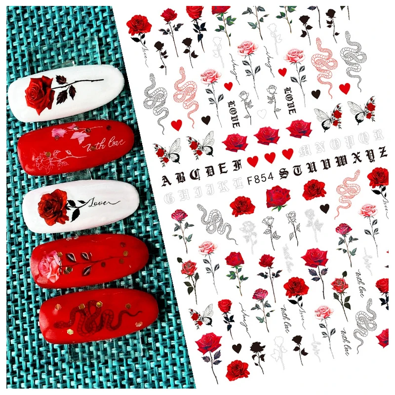 Nail Art Decals Valentine Day Love Red Roses Old Font Letters Snakes Back Glue Nail Stickers Decoration For Nail Tips Beauty back glue stickers vintage roses purple watercolor flowers nail decals decoration for nail art manicure beauty