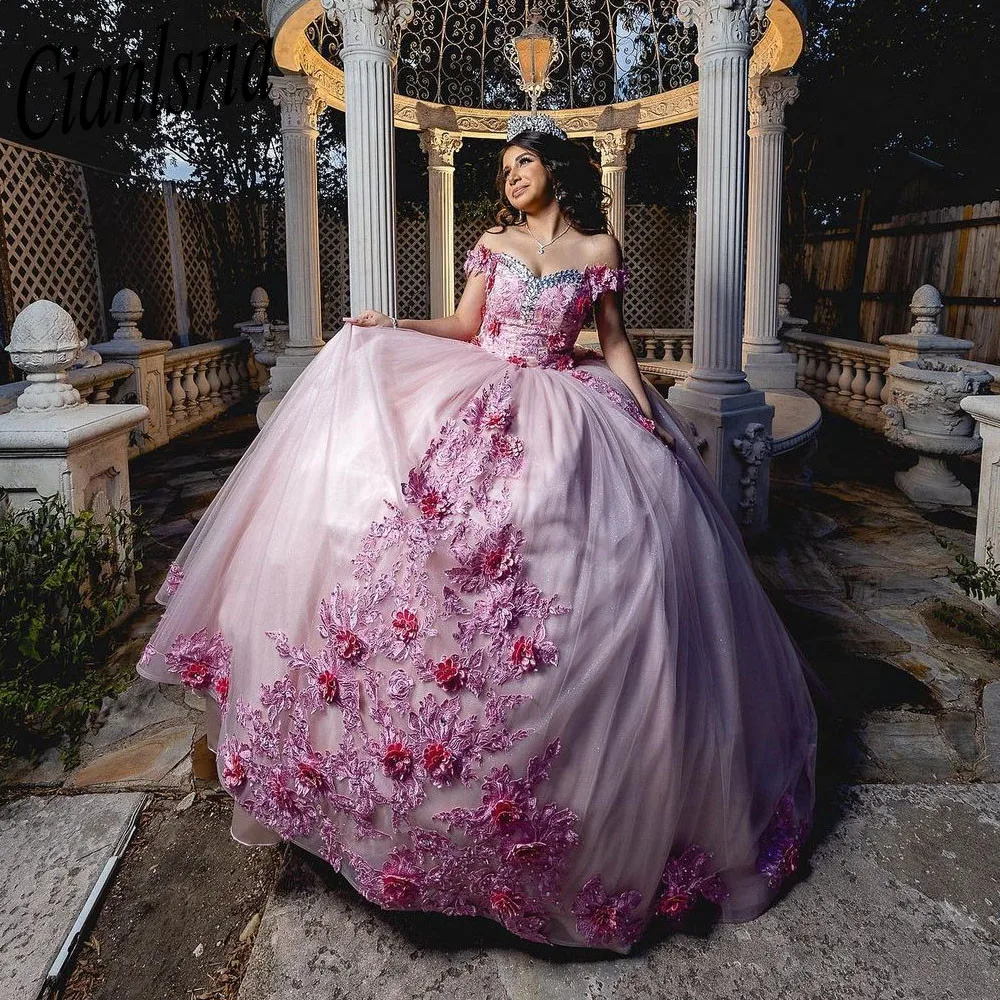 

Pink Quinceanera Dresses Off The Shoulder Crystal Ball Gown Sleeveless Appliques Lace Corset For Sweet 15 Girls Party