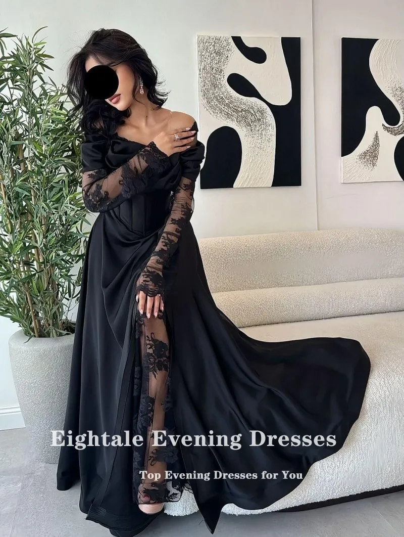 Eightale Arabic Wedding Dresses Customized Off the Shoulder Black Lace Long Sleeves Satin Bridal Gowns Vestidos De Novia