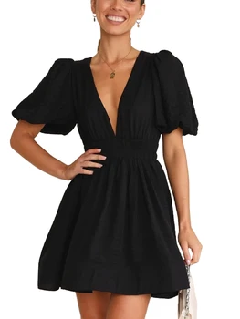 Women Summer Casual A-line Dress Solid Color Deep V-Neck Short Puff Sleeve Mini Dress Fashion Party Short Dress 5