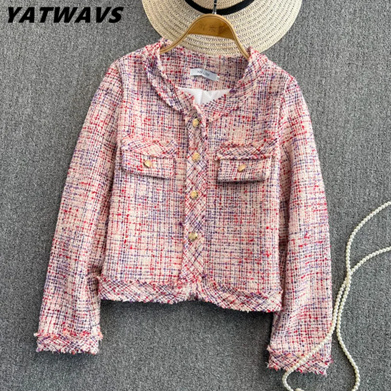 

Autumn Vintage Women Woolen Tassel Tweed Coat O-neck Pink Plaid Loose Short Jackets Korean Wool Blends Office Ladies Outwear Top