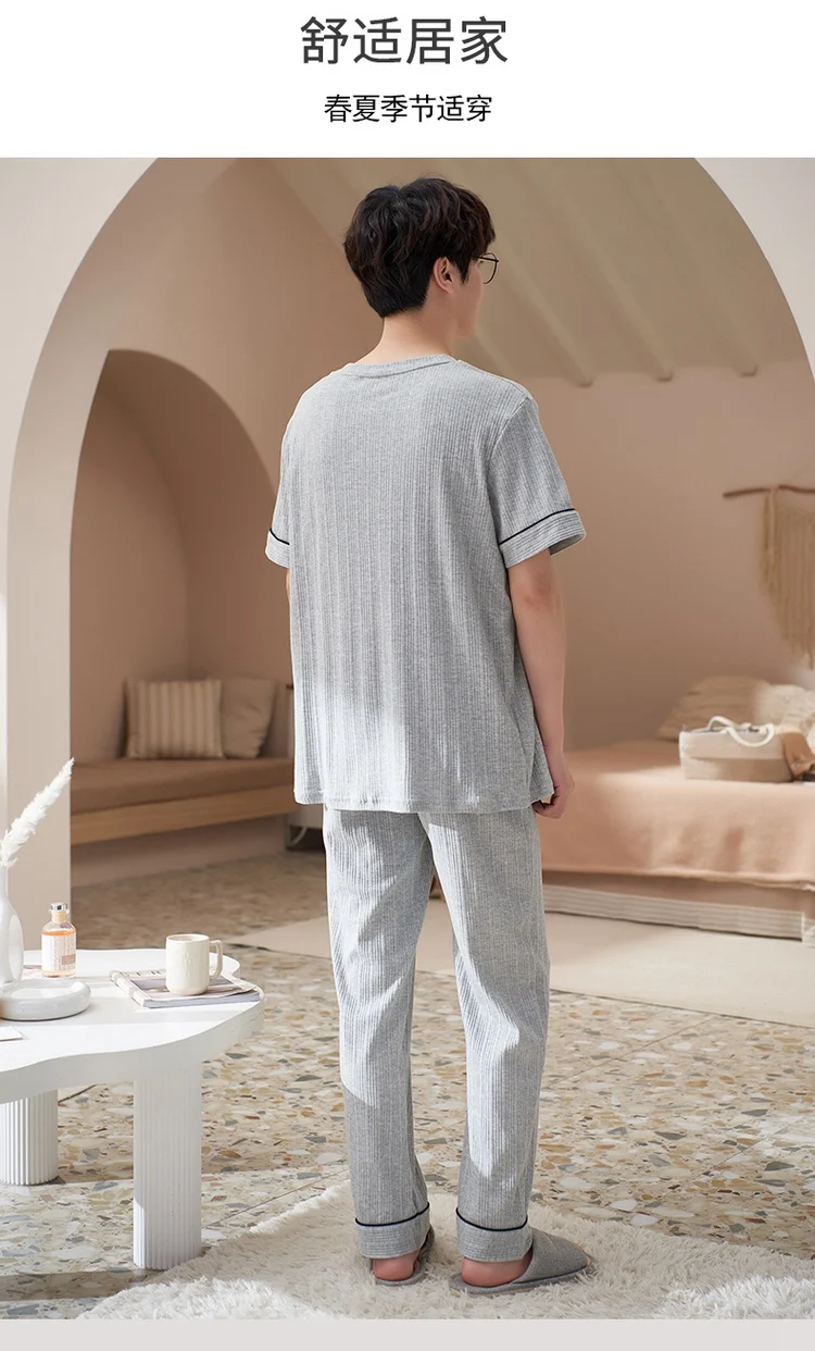 men's cotton pyjamas 2022 Spring Autumn Short Sleeve Long Pants Cotton Pajama Sets for Men Korean fashion Sleepwear Suit Pyjama Homewear Home Clothes mens christmas pjs