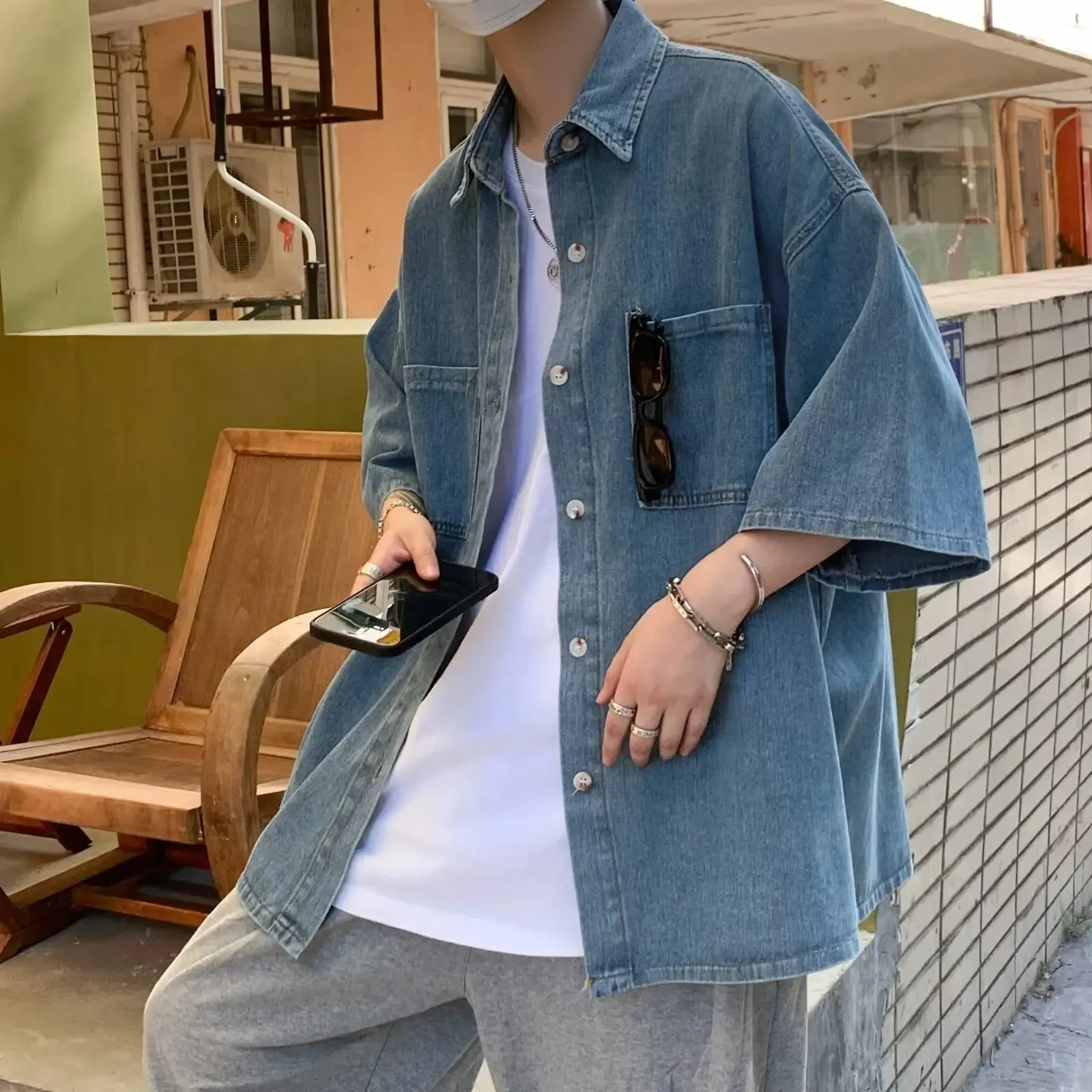 Loose Short Sleeve Men's Denim Shirt Summer Casual Style Half Sleeve Jacket Hong Kong Wind Japanese Design Trendy Outerwear denim shirt