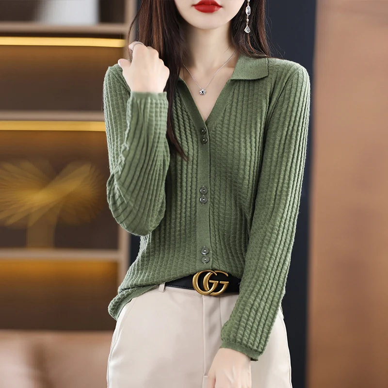 

New Worsted Wool Cardigan Women's Fashion V-Neck Long Sleeve Loose Slim Joker Knitted Solid Color Sweater Coat