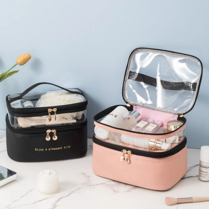 Double Transparent PU Cosmetic Bag Portable Washing Bag Big Capacity Makeup Bags Waterproof Travel Toiletry Bag Storage Bags