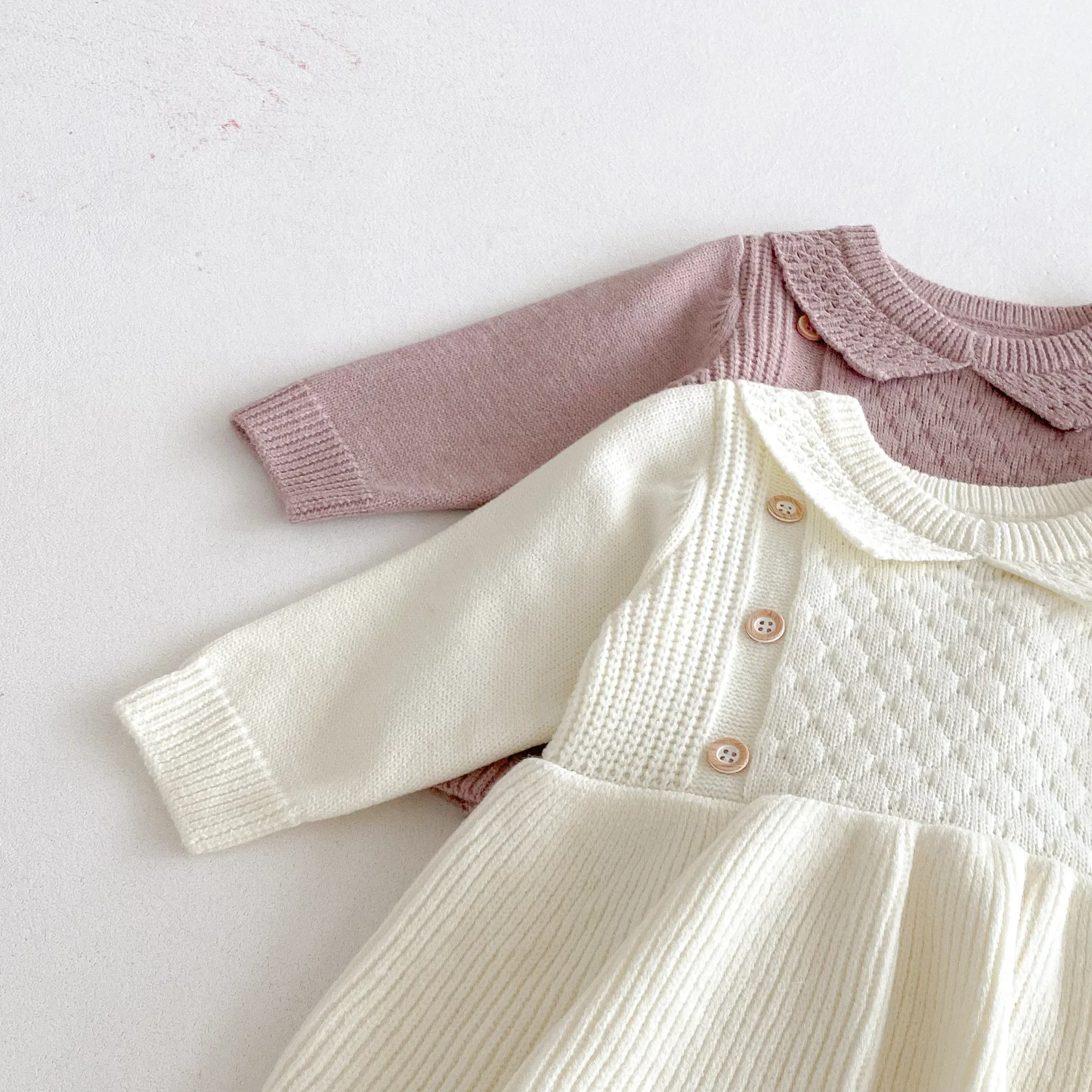 Baby Girls Knit Bodysuits Peter Pan Collar Ruffle One Piece