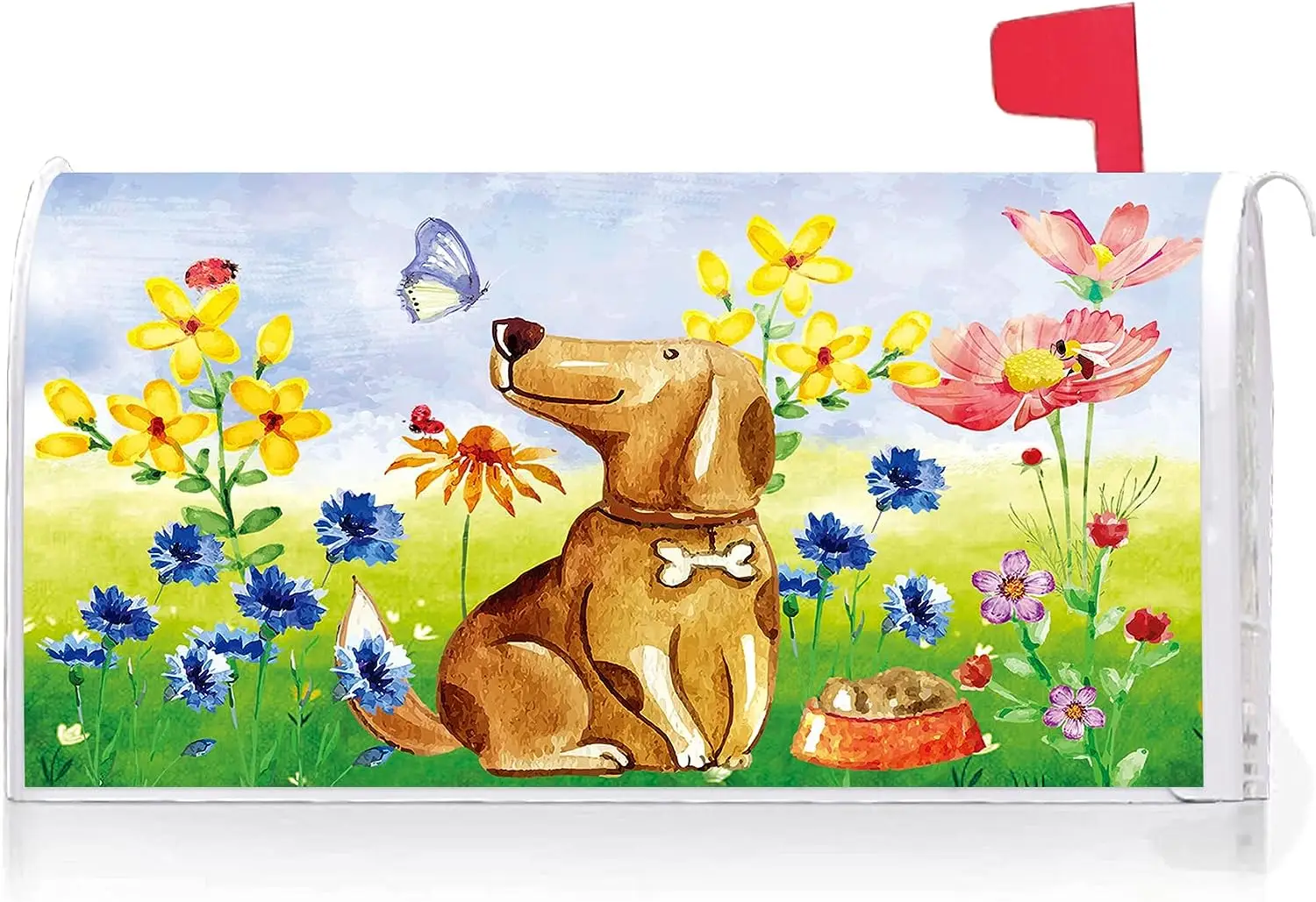 Cute Dog Puppy Floral Decoration Mailbox Cover with Magnetic Strip Spring Summer Mailbox Wraps Post Letter Box Cover Standard