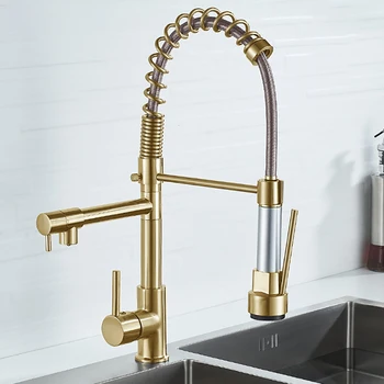 DQOK สีดําแปรงฤดูใบไม้ผลิดึงลงก๊อกน้ําอ่างล้างจาน Hot & Cold Water Mixer Crane Tap พร้อม Dual Spout Deck ติดตั้ง 2