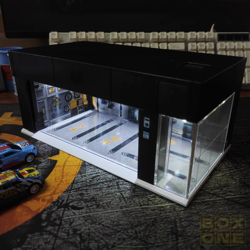 :64 Sc Gate Garage Model Display Case Lighting Car Parking Garage Toy Collectible Alloy Vehicle Static Model 