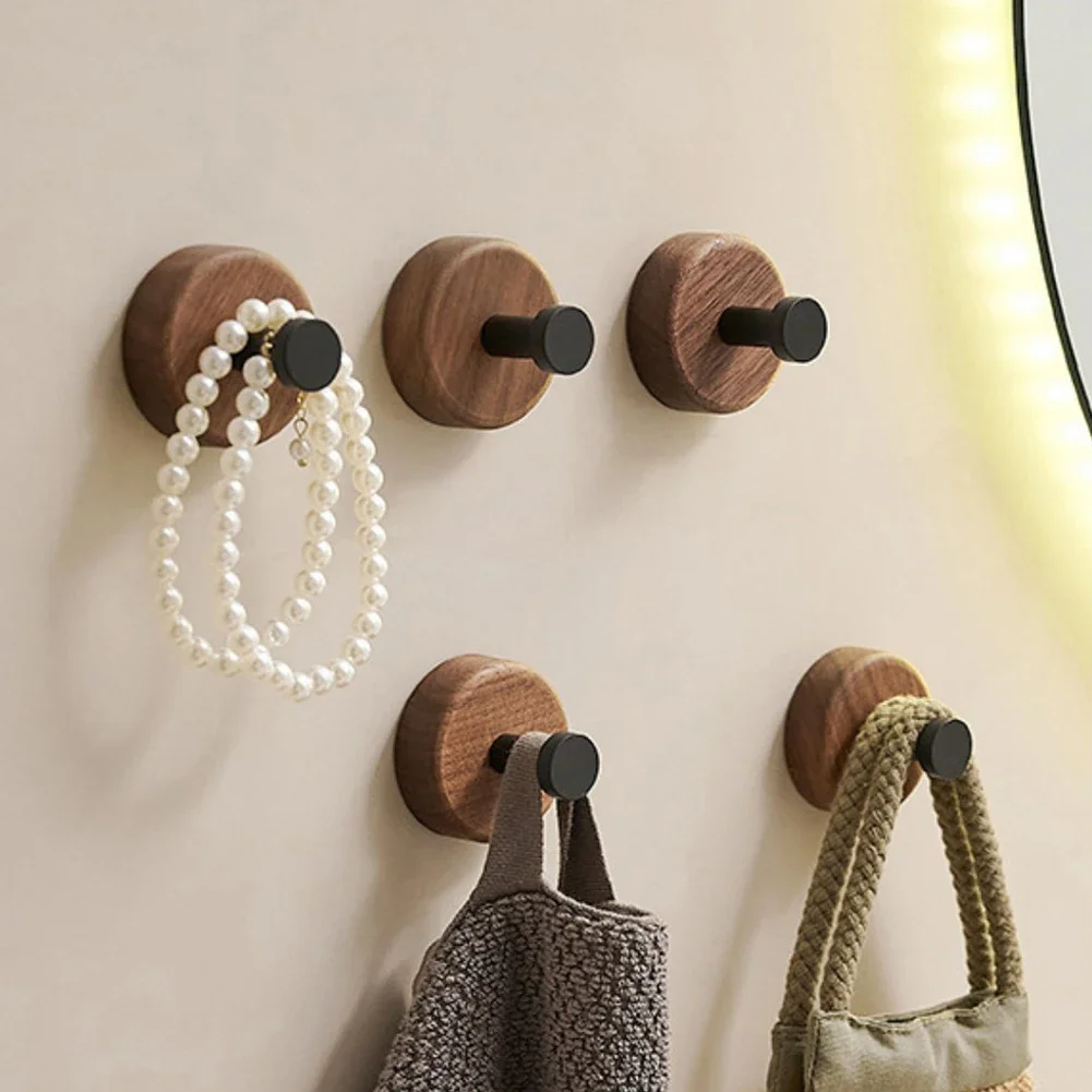 Walnut Wood Door Hook Adhesive Bathroom Towel Rack No-Drill Wall-Mounted Coat Hanger Wooden Hook for Kitchen or Bathroom
