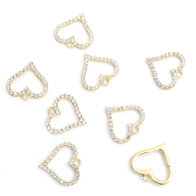 10pcs Simple Trendy Crystal Rhinestones Heart-shaped Charms Couples Jewelry Accessories DIY Necklace Earrings Openwork Pendants