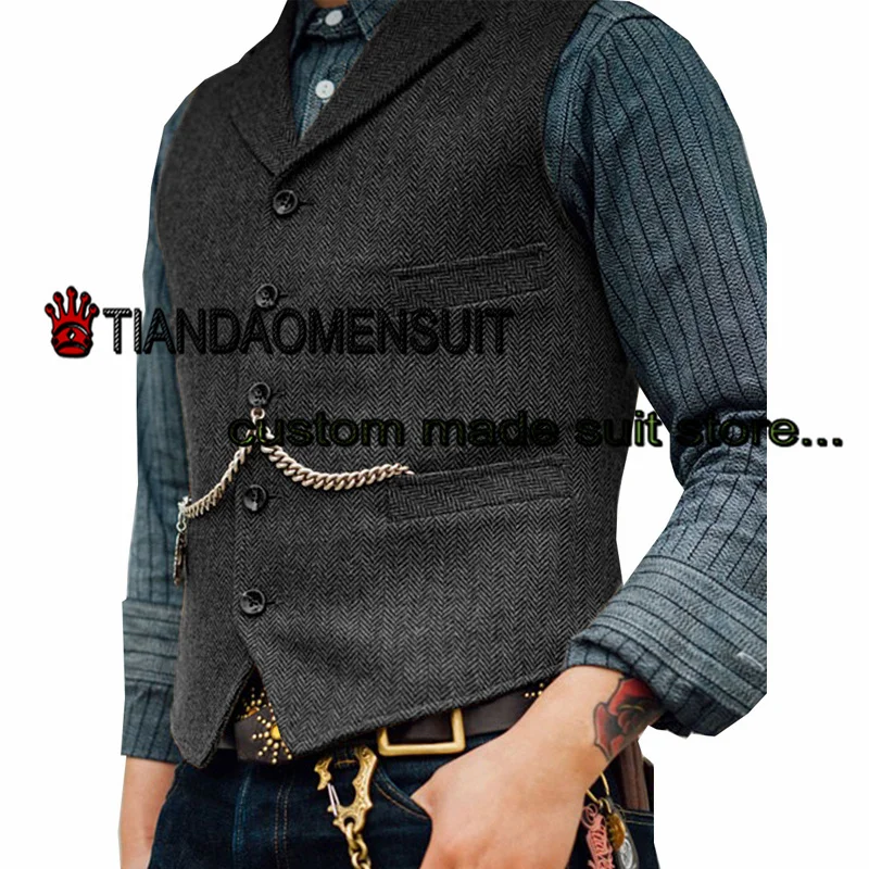Men's Vest Herringbone Lapel Sleeveless Jacket Winter Wool Steampunk Waistcoat Formal Groom Vests colete masculino
