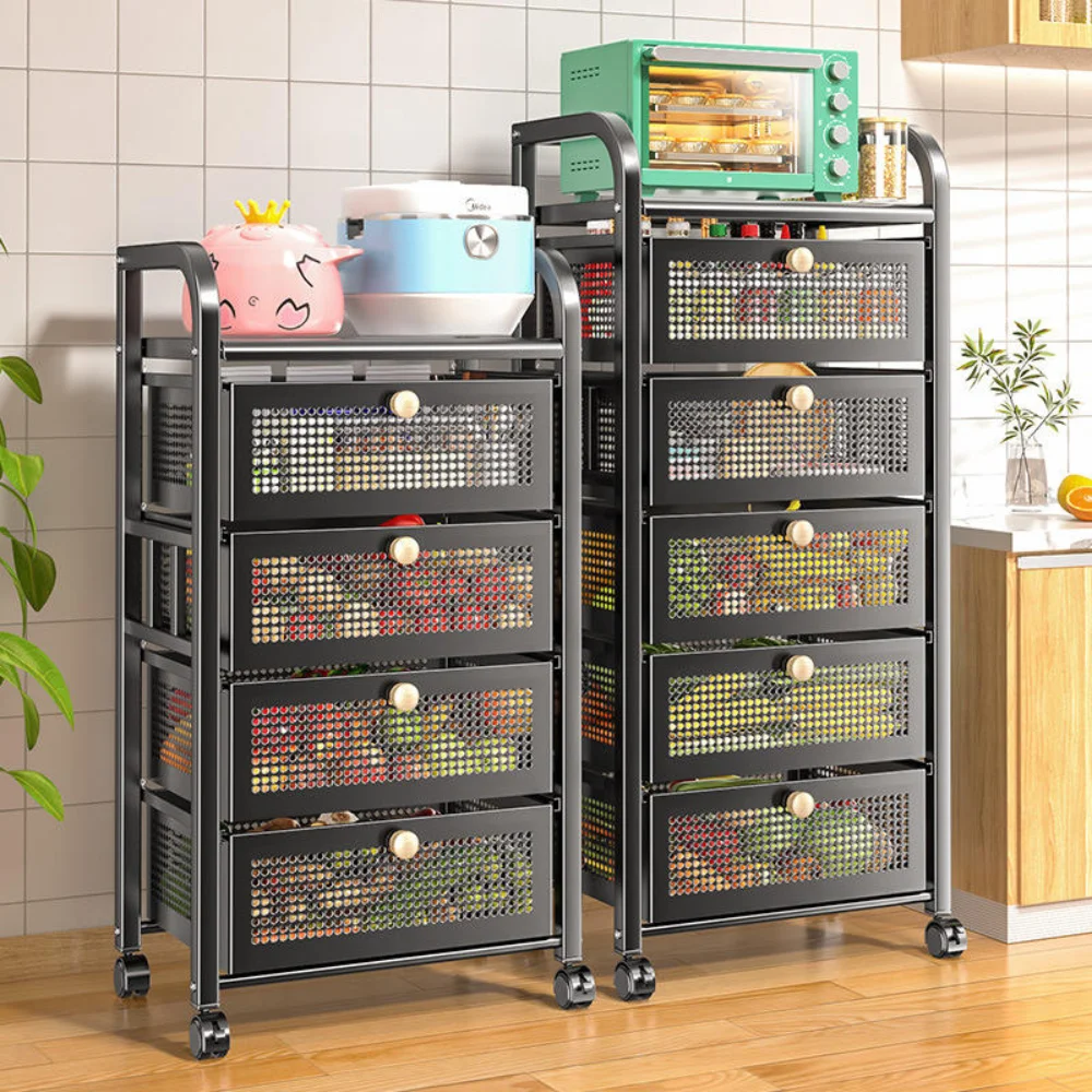 Kitchen Shelf With Drawer Multifunctional Storage Rack Fruits Vegetables Storage Cart Organizer With Wheels Bar Carts Cabinets 4