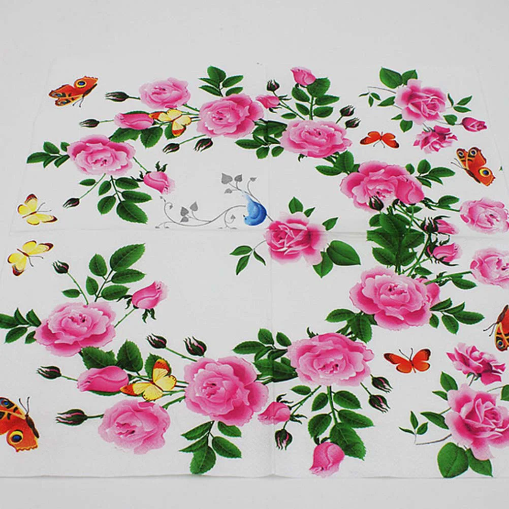 20Pcs Rose Print Napkins Disposable Party Paper Napkins Eco Friendly Wood Pulp Material Printed Serviettes Sanitary Tissue