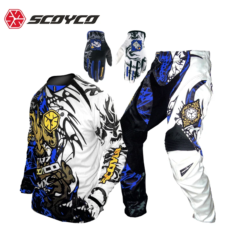 SCOYCO 통기성 깃털 오토바이 남자 레이싱 라이딩 오프로드 세트, 모토크로스 의류 바지 장갑 1 키트, 인기 판매