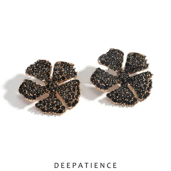 DEEPATIENCE Black Crystal Flower Earrings for Women Luxury Full Rhinestone Inlaid Elegant Floral Drop Earrings Handmade Gift