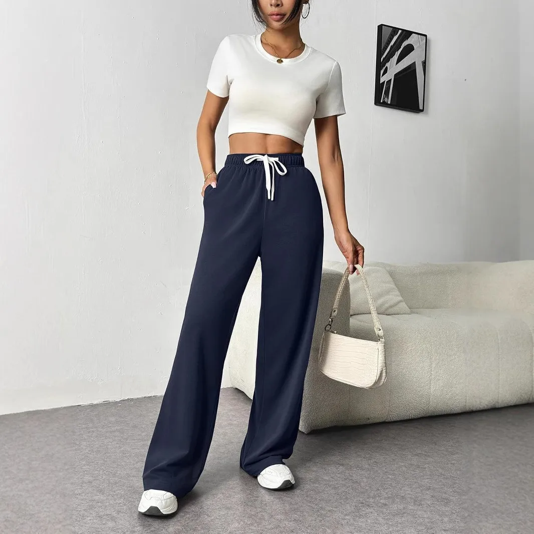 Lazy Style Wide Leg Pants with Women's Pockets Loose Drawstring Sports and Casual Floor Pants 6