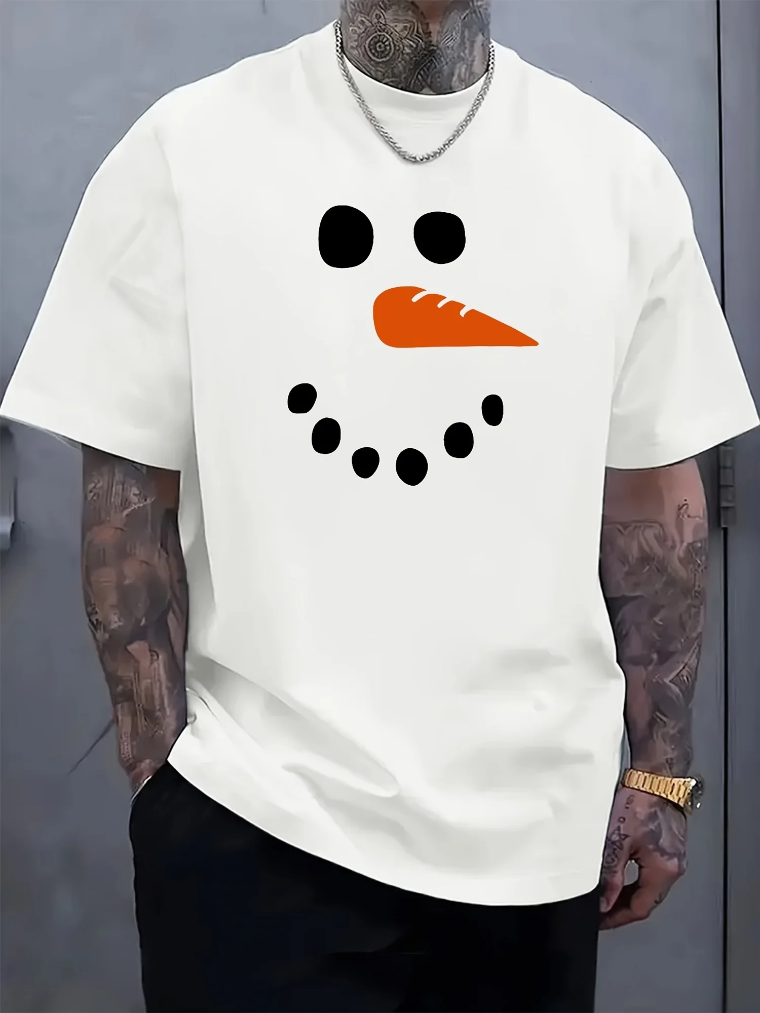 Men Loose Casual Crew Neck White Cotton Short Sleeve Christmas Snowman Carrot Nose Graphic T-shirt for Christmas Holiday Daily Wear