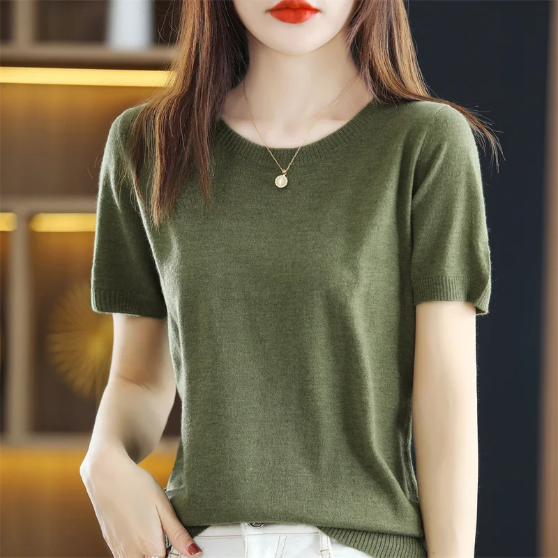 

Spring Summer Women Worsted Wool T-shirt Black Round Neck Short Sleeve Female Tee Slim Cashmere T-Shirt Casual Solid Lady Tops