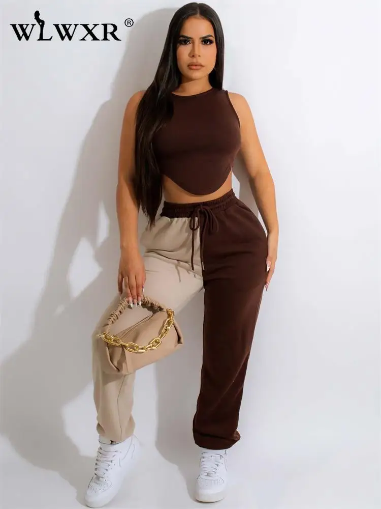 

WLWXR Fall Street Black Two 2 Piece Sets Outfits Tracksuit Women Hollow Out Sleeveless Crop Tops Patchwork Pants Matching Sets