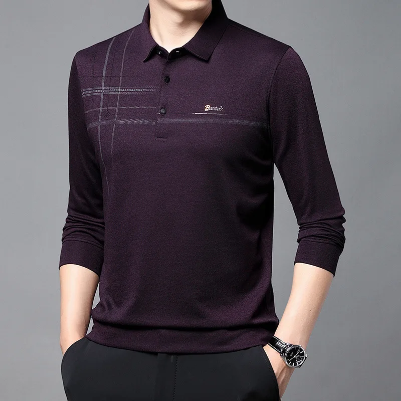 

Cashmere Printed Long-Sleeved T-shirt Men's Lapel Mercerized Cotton Spring and Autumn Tops Business Casual Polo Shirt