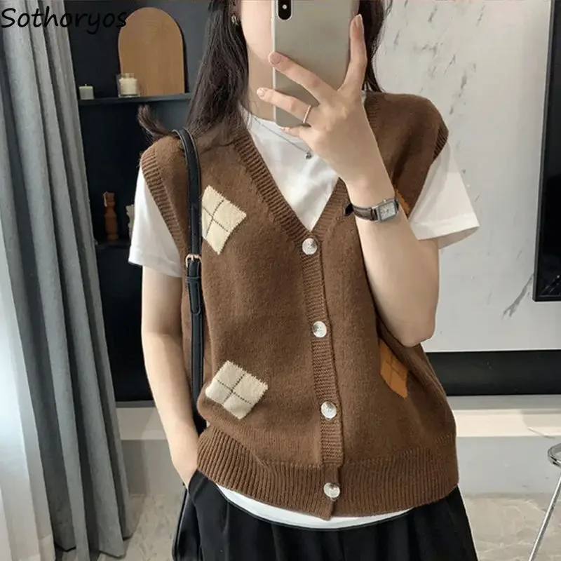 

Sweater Vests Women Design Classic Casual Spring Retro Knitwear Preppy Style All-match Chic Basic Loose Students Ulzzang Argyle