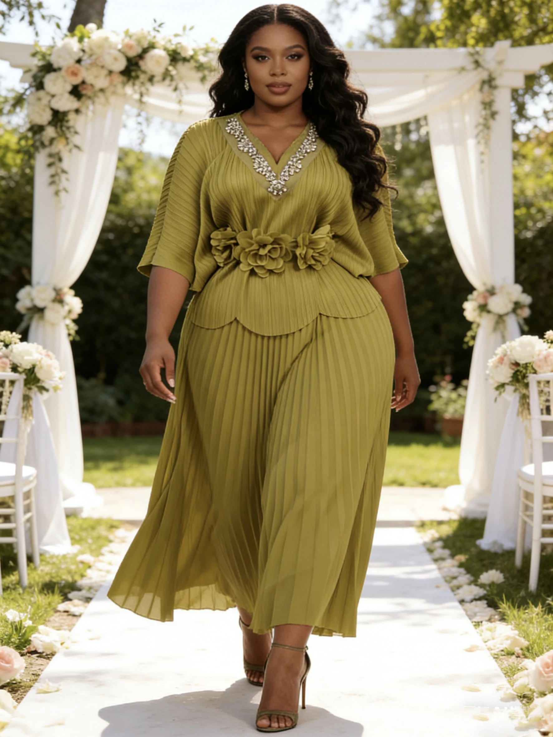 Miyaki Plus-Size Skirt Suit with V-Neck and Batwing Sleeves, Miyake Floral Belt, Pleated Casual Elegant Style for Socialites, Suitable for Banquets, Weddings, Fashion Parties, Commuting, and Dates 3