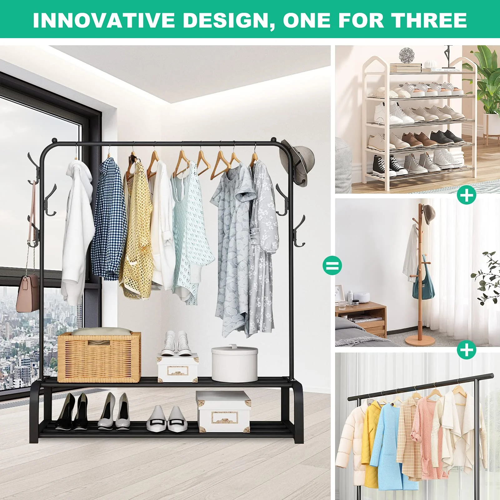 Garment Rack Free-standing Clothes Rack with Top Rod,Coat Rack Clothes, Hanger Wardrobe ,Clothes for Rack Lower Storage