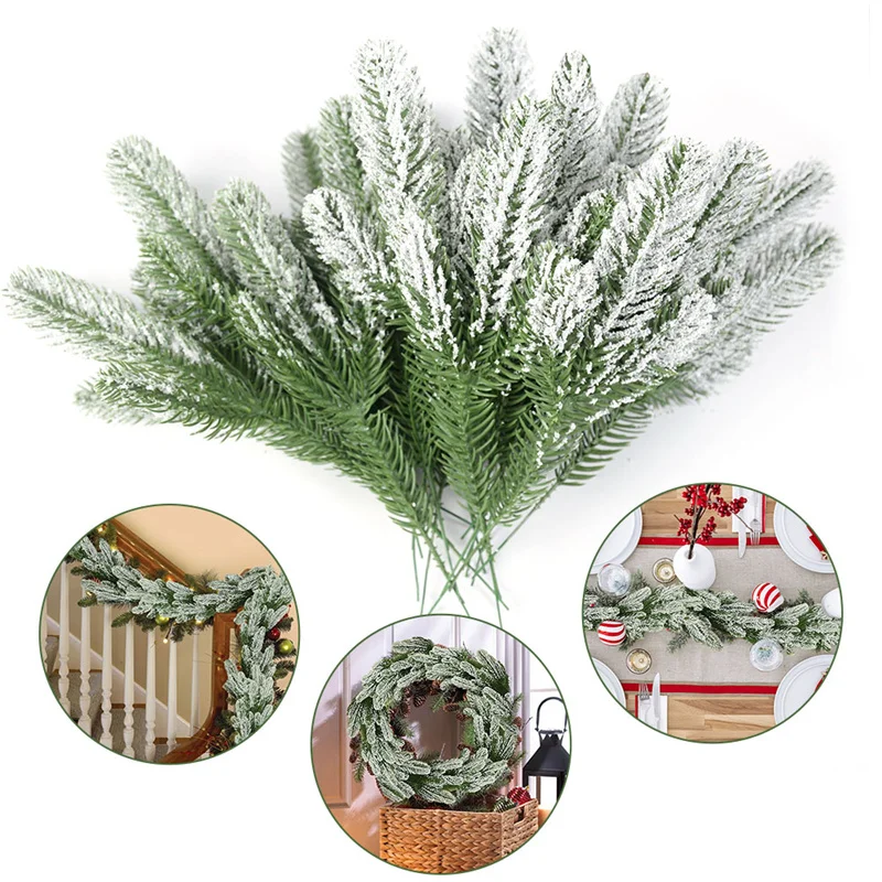 5pcs Christmas Tree Pine Branches Artificial Fake Plants Snow Pines Garland For Christmas Wreath Party Decor Xmas Gifts Ornament