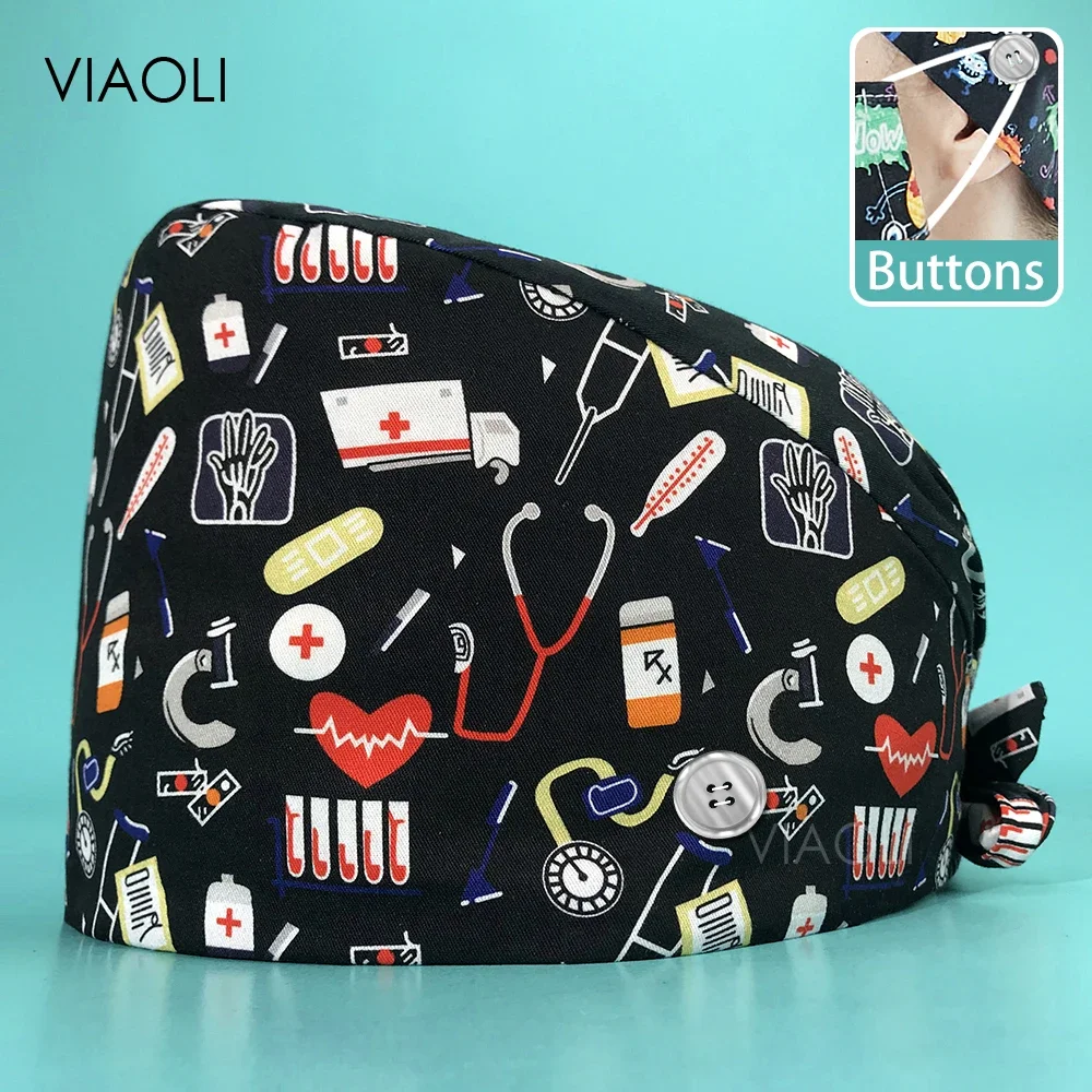 Unisex Frosted Hat Adjustable Pure Cotton Hygienic Health Pattern Sweat Absorbent Elastic Scrub Cap Headwear