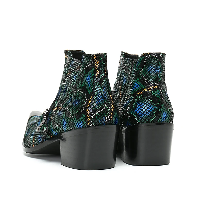 Winter Fashion Men Party Ankle Boots Snakeskin Printing Mens Leather Boots Buckle Strap Male High Heel Short Boots