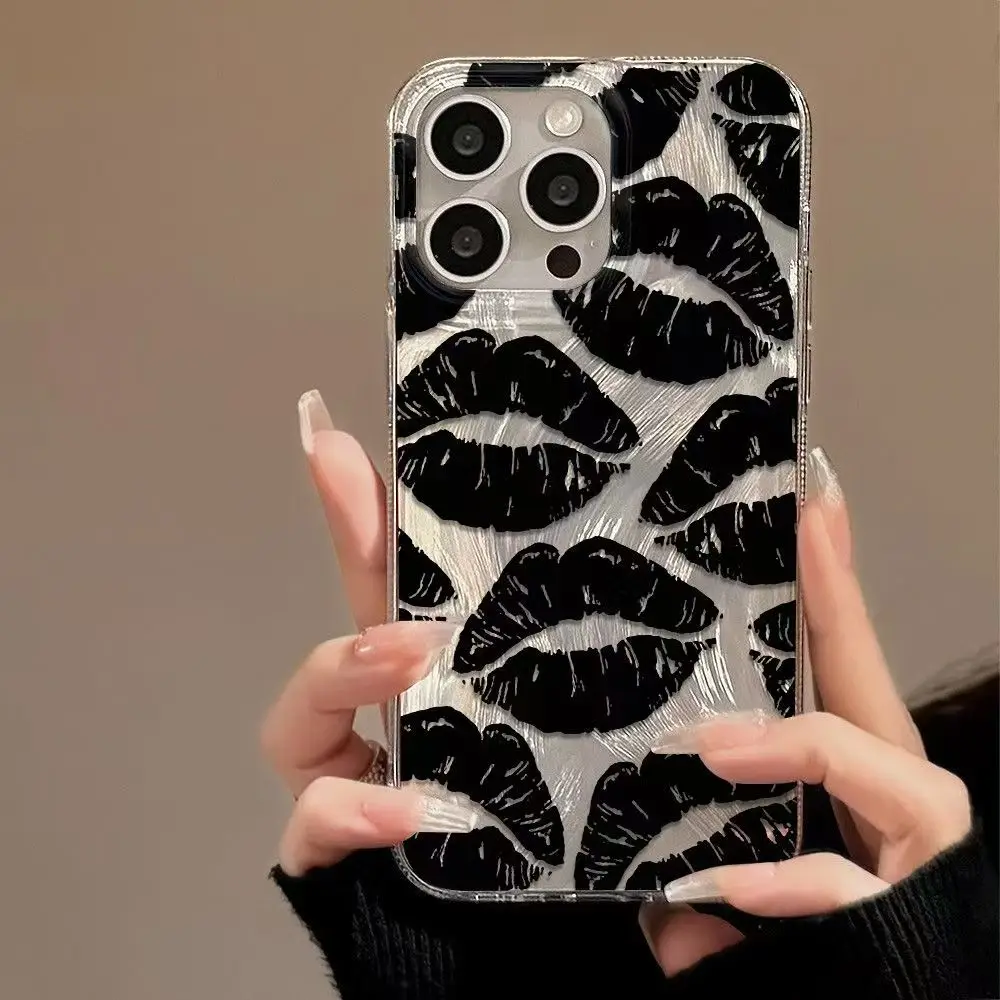 Chic Black Lip Print Glossy Phone Case