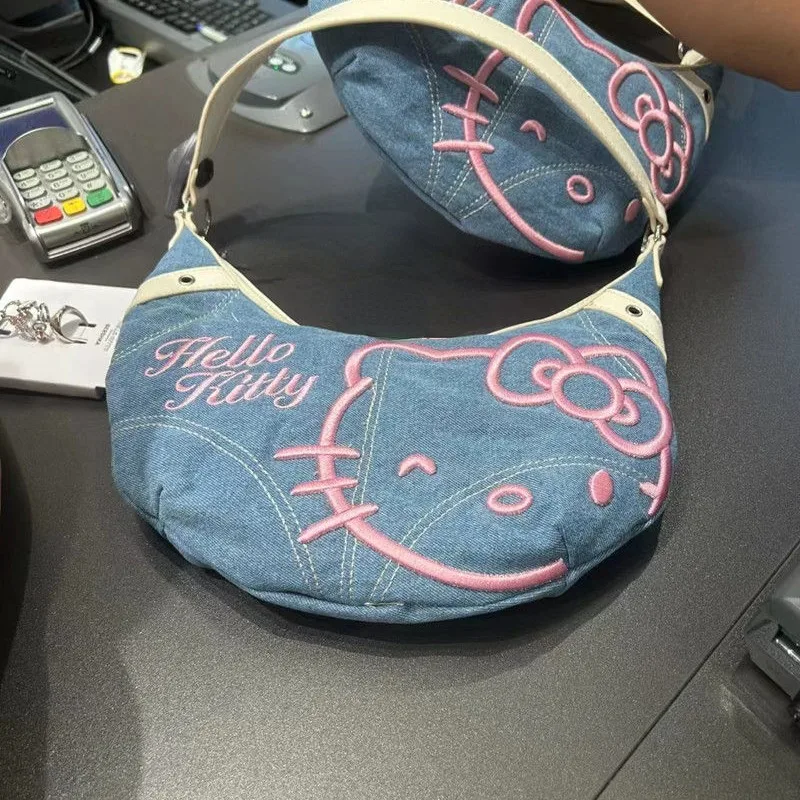 MBTI Hello Kitty Womens Handbag Vintage Denim Cute Embroidery Cartoon Fashion Shoulder Bag New Ladies Casual Daily Armpit Bag