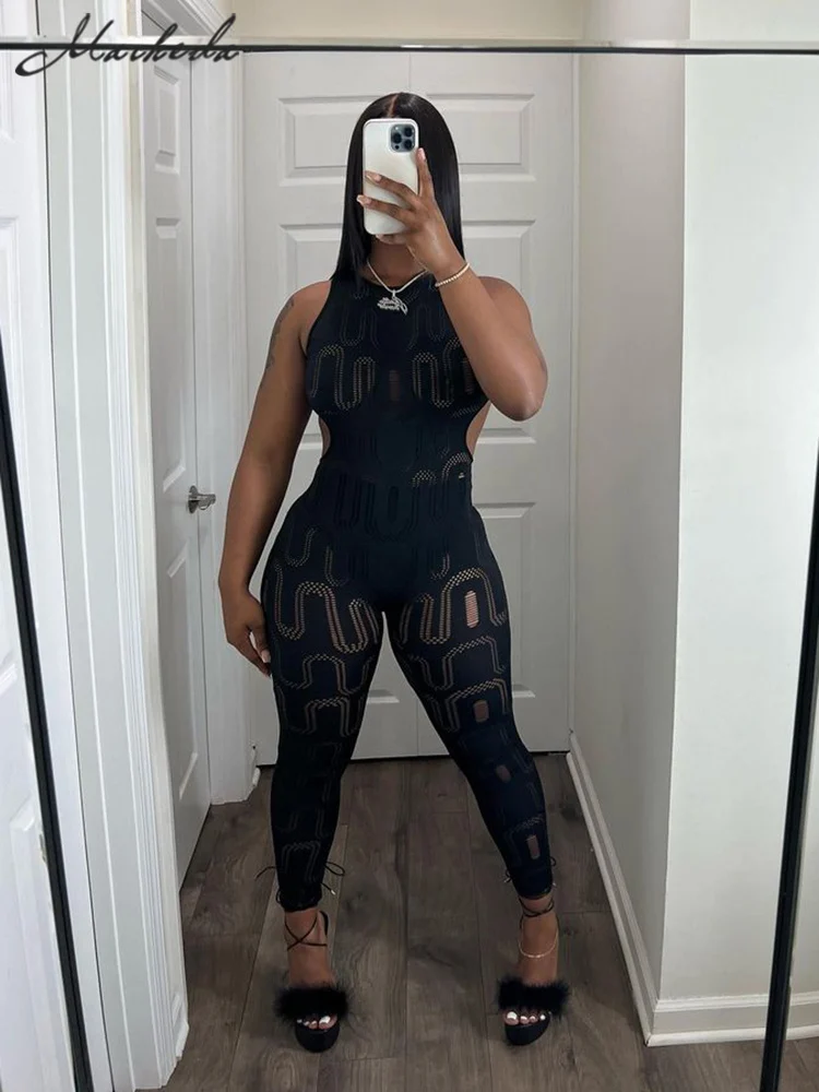

Macheda Sexy Backless Overalls Women Summer Hollow Out Black Skinny One-piece Jumpsuits Streetwear Party Club Night Jumpsuits