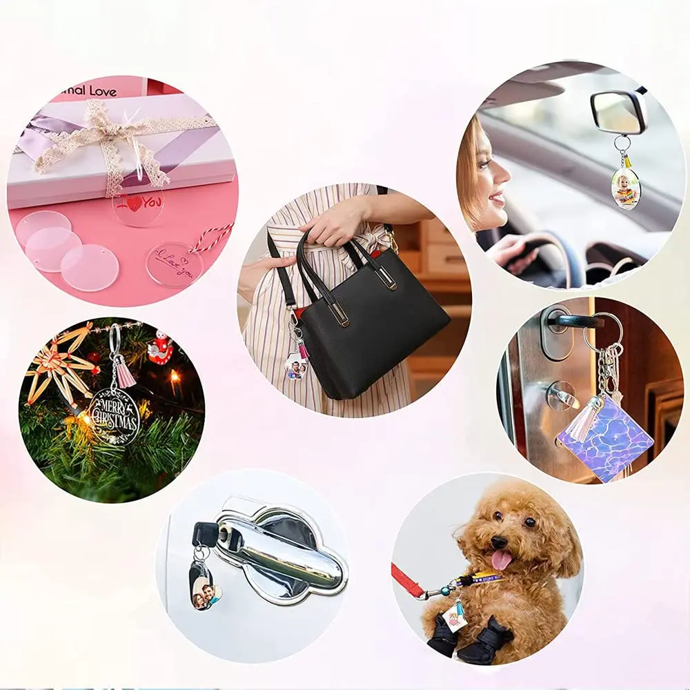 200Pcs Blanks Keychain Acrylic Blanks Bulk with 4 Shapes  Acrylic Leather Tassel Charms Key Chains Jump Ring for DIY Supplies