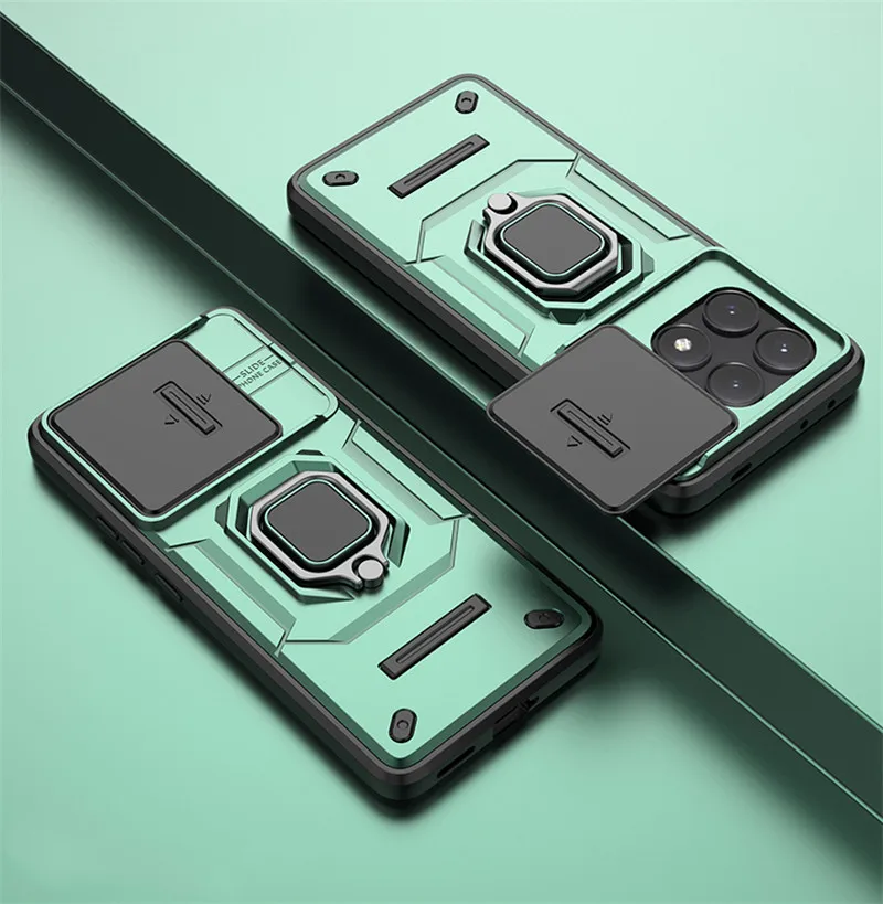 Premium Armor Shockproof Magnetic Bumper with Sliding Lens Protector and Holder for 6.67 inch Smartphones