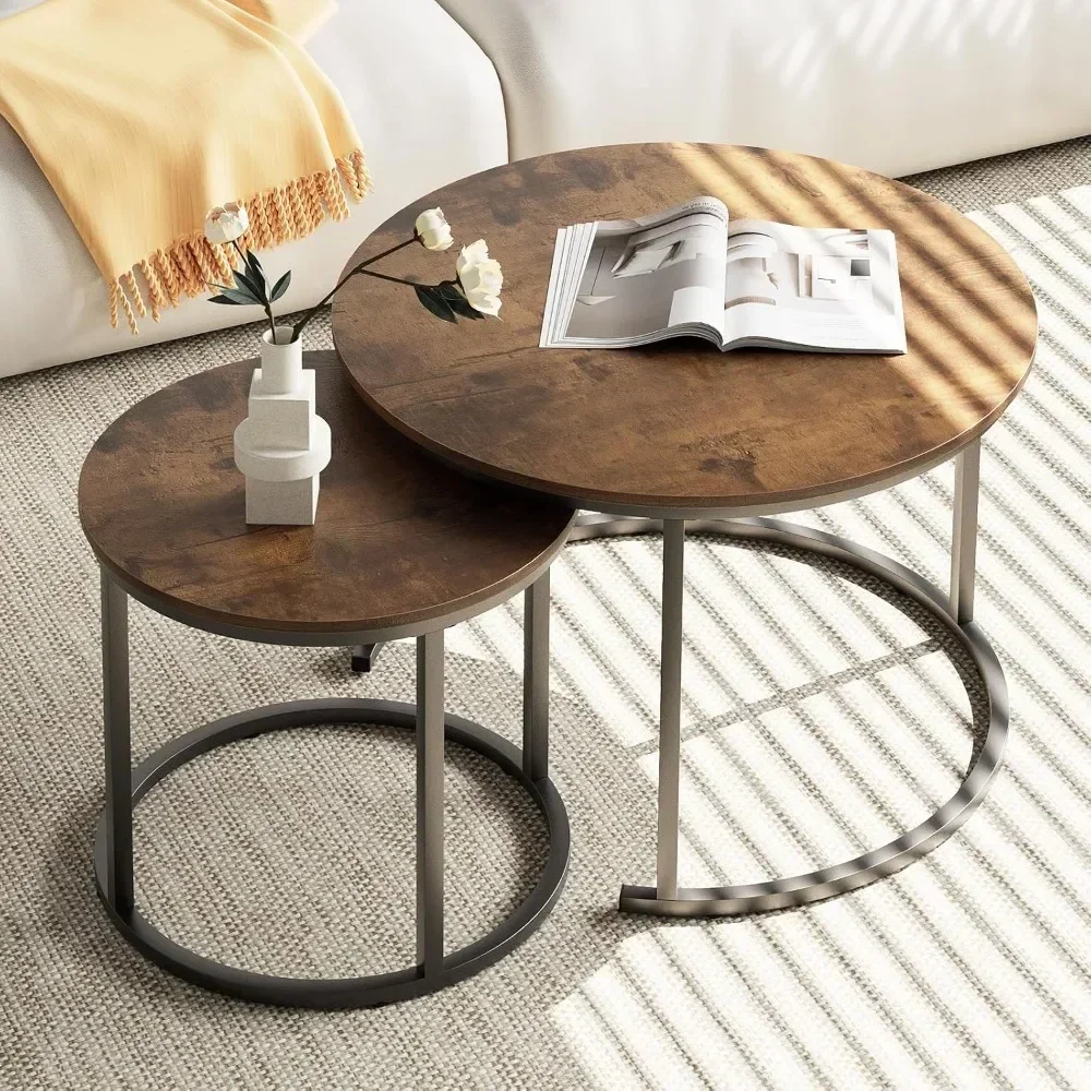 Coffee Table Nesting Round Table Set of 2 Side Table with Sturdy Metal Frame for Living Room Bedroom Apartment Modern Industria
