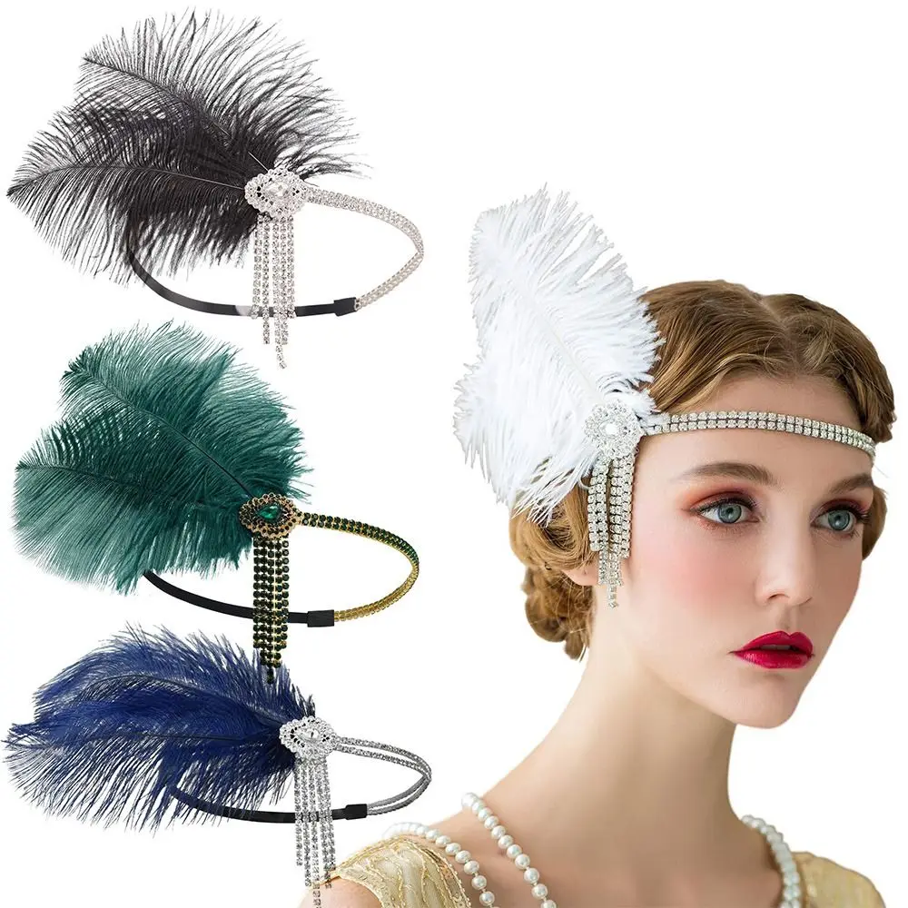 

Cocktail Vintage Women Headpiece Rhinestone Hair Accessories 1920s Hair Band Feather Headpiece Feather Hairband