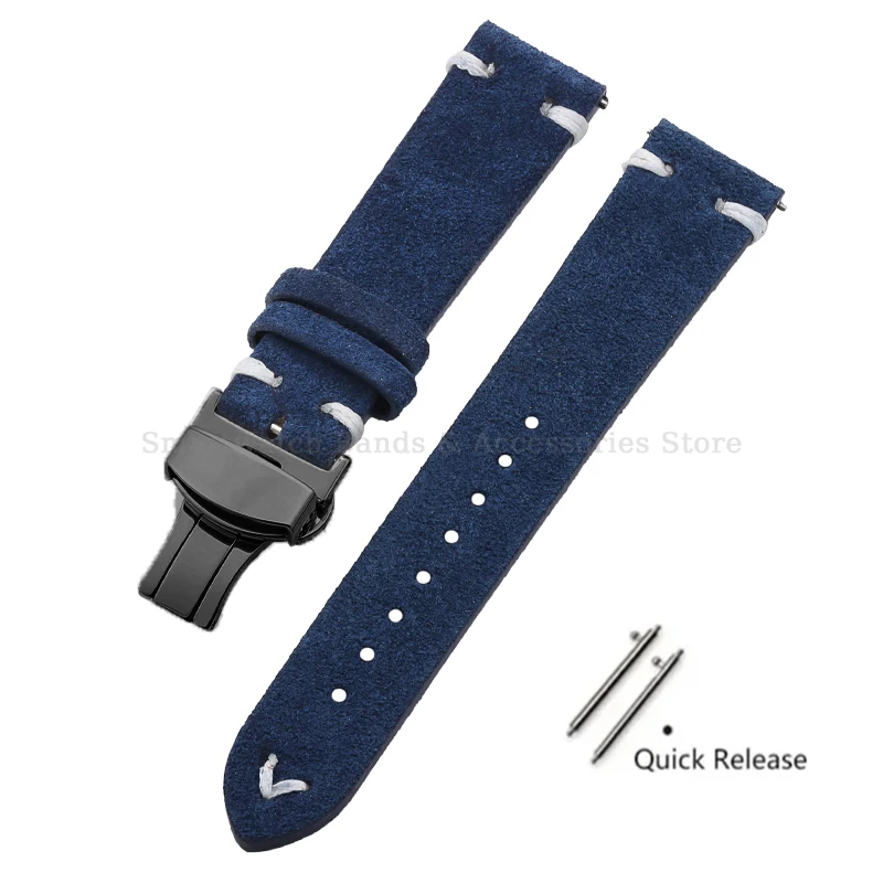 Vintage Handmade Suede Stitch Leather Watch Strap with Quick Release and Folding Clasp