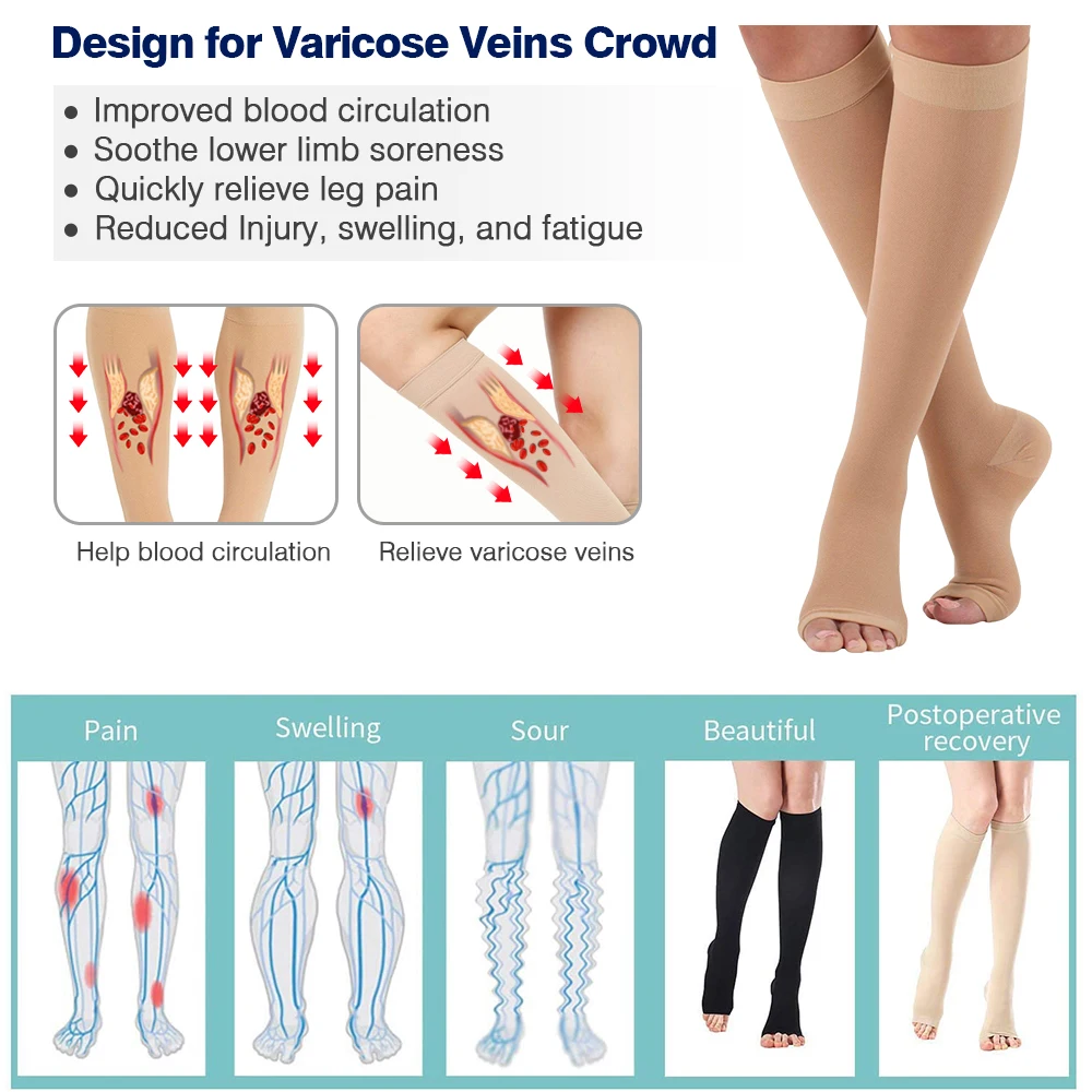 Calf Compression Socks 1Pair Knee High Open Toe 20-30 MmHg Support Stockings for Pregnancy Varicose Veins Running calf compression sleeves calf compression sleeve