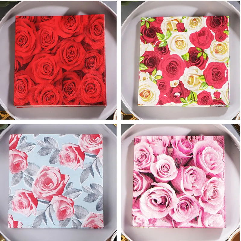 

20Pcs/pack Rose Flower Printed Paper Disposable Tableware Table Dinner Napkin Tissues Wedding Party Decoration