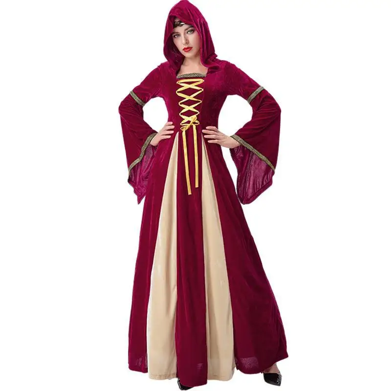 

Girls Retro Hooded Long Dress Medieval Court Queen Dress Middle Ages Halloween Role Playing Costume Drama Stage Performance Wear