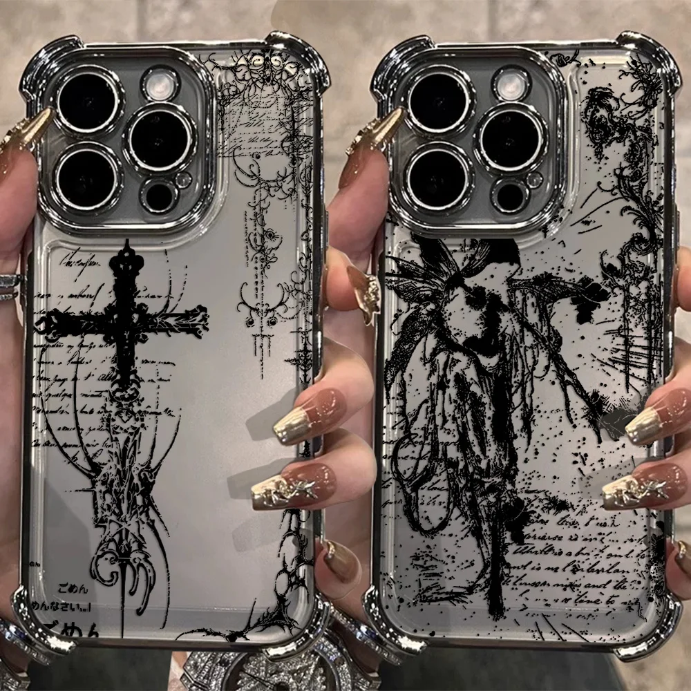 Cool Dark Gothic Cross Mark Line Plating Phone Case For IPhone 17 16e 16 15 14 13 12 11 Pro Max X XR XSMax 7 8 Mini Air Plus