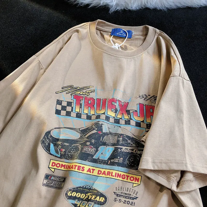 White Khaki 90s Racing Car Print Summer Cotton Tee American Vintage