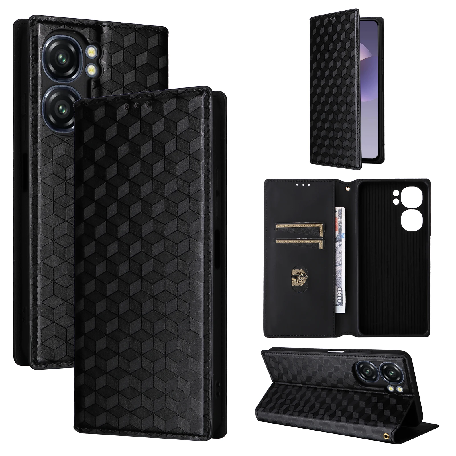 Luxury Checkered PU Leather Wallet Phone Case with Card Holder and Magnetic Closure